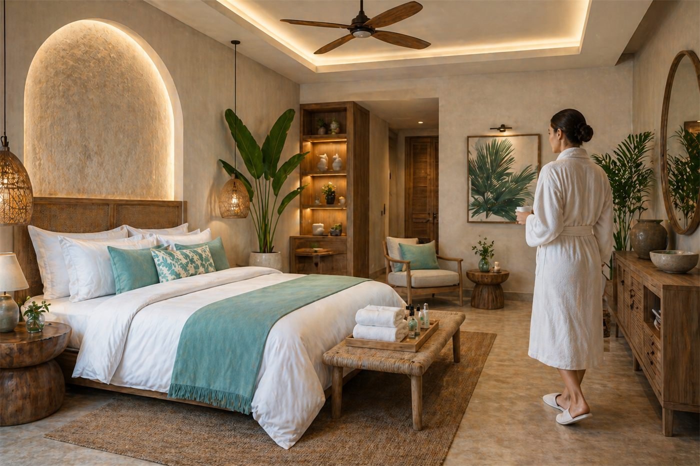 Hotel guest room made up with white bed linen and a runner, folded towels and amenity bottles on a bench, and a guest in a robe and slippers.